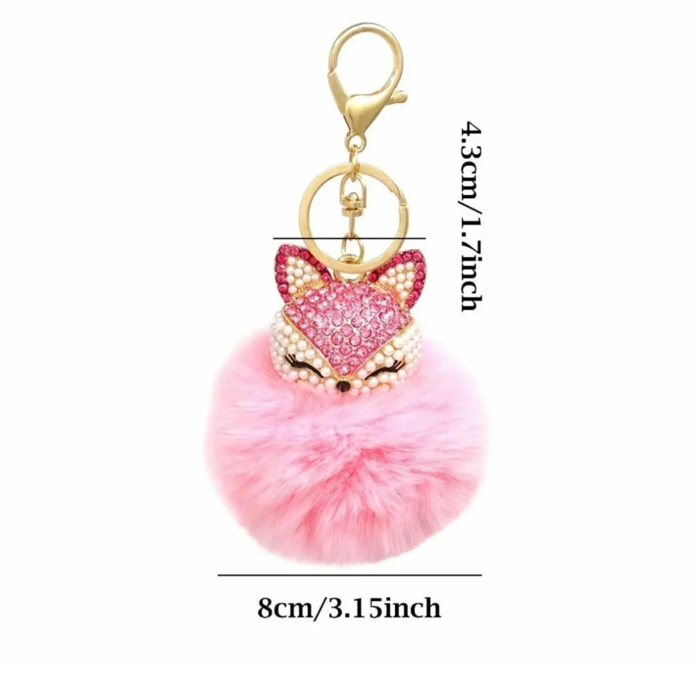 Pink Plush Pom Pom FOX Rhinestones Pearls Feminine Elegant Luxury Keychain Gift